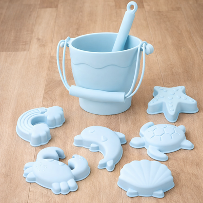 🏖️ Set de Plage en Silicone – Seau, Pelle et 6 Moules