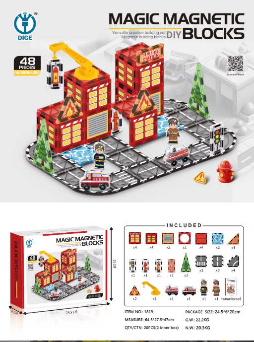 🚒 Blocs Magnétiques "La Caserne des Pompiers" (48 Pièces) – Le Jeu de Construction Interactif