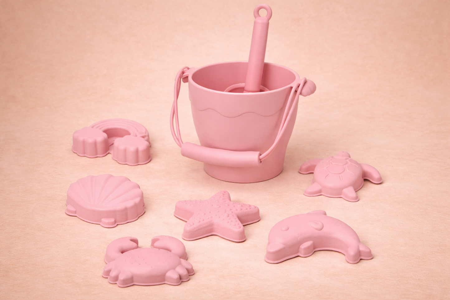 🏖️ Set de Plage en Silicone – Seau, Pelle et 6 Moules