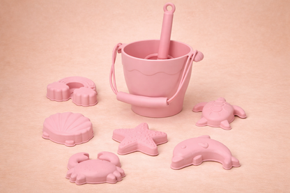 🏖️ Set de Plage en Silicone – Seau, Pelle et 6 Moules